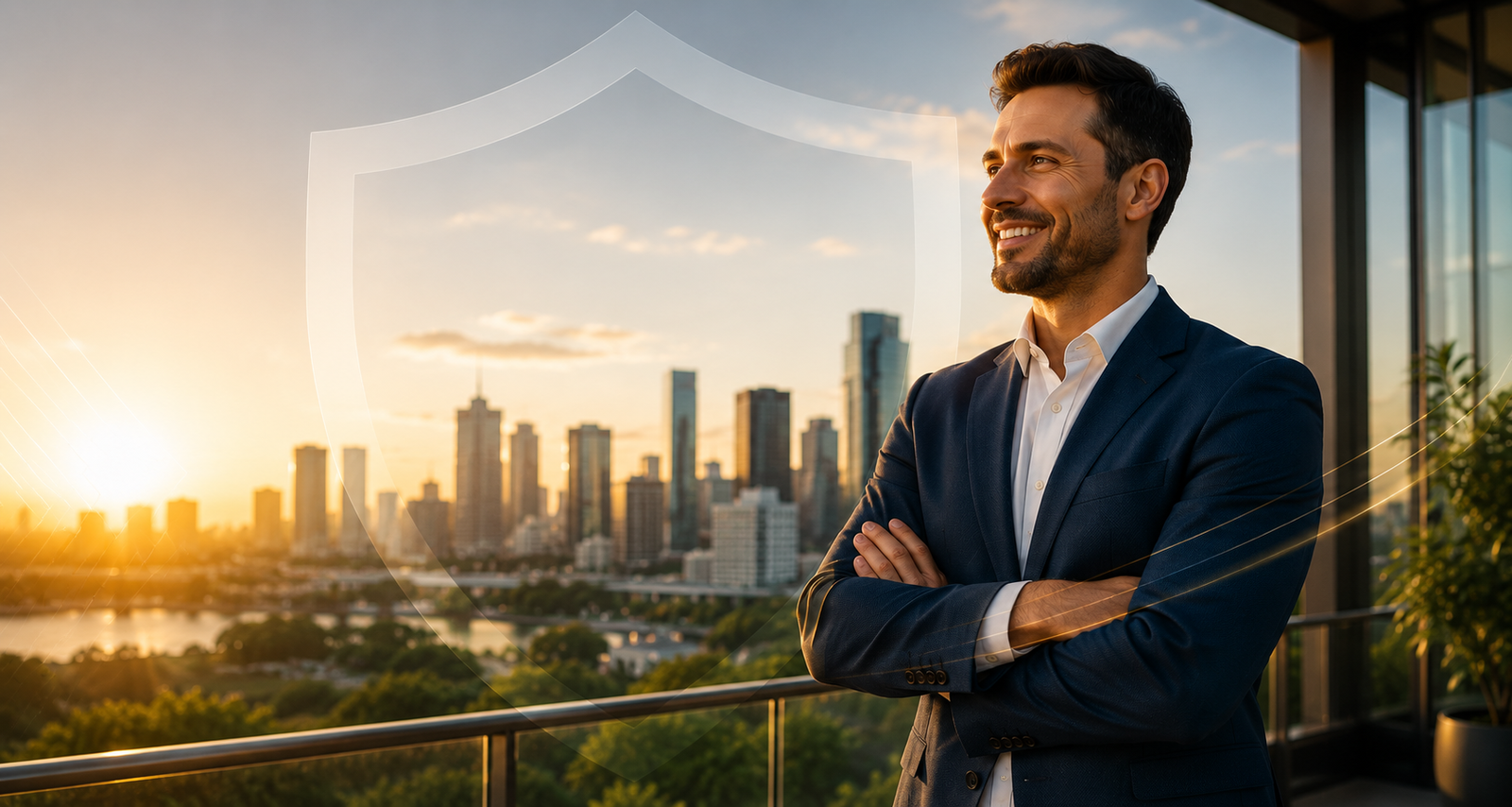 Especialista em seguros diante da cidade ao pôr do sol
